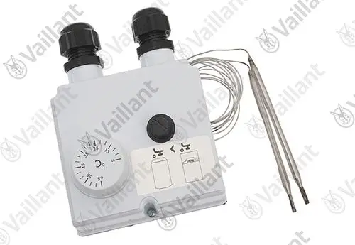 Thermostat von Vaillant mit zwei Anschlüssen, Einstellrad und zwei Temperaturfühlern. Das Gehäuse ist rechteckig und in neutraler Farbe gestaltet.